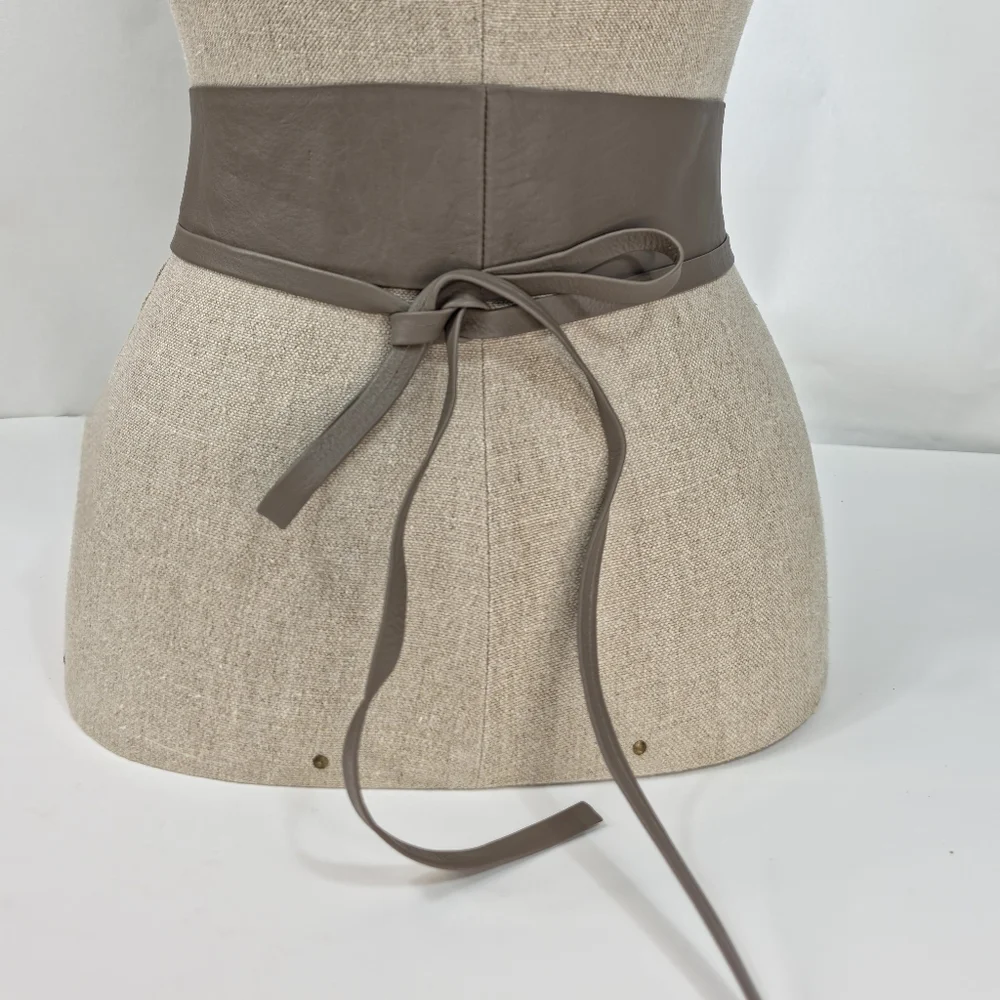 Zara Genuine Leather Tie Waist Belt Taupe Brown Wide Wrap Obi Size 30 (80) NWT